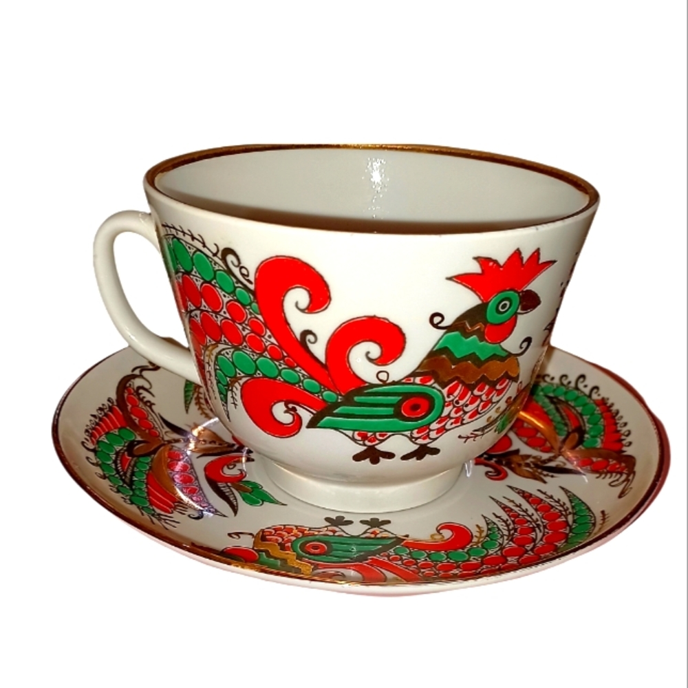 Russian Porcelain Tea Set Two roosters. 22K Gold Trimmed Cup & Saucer.